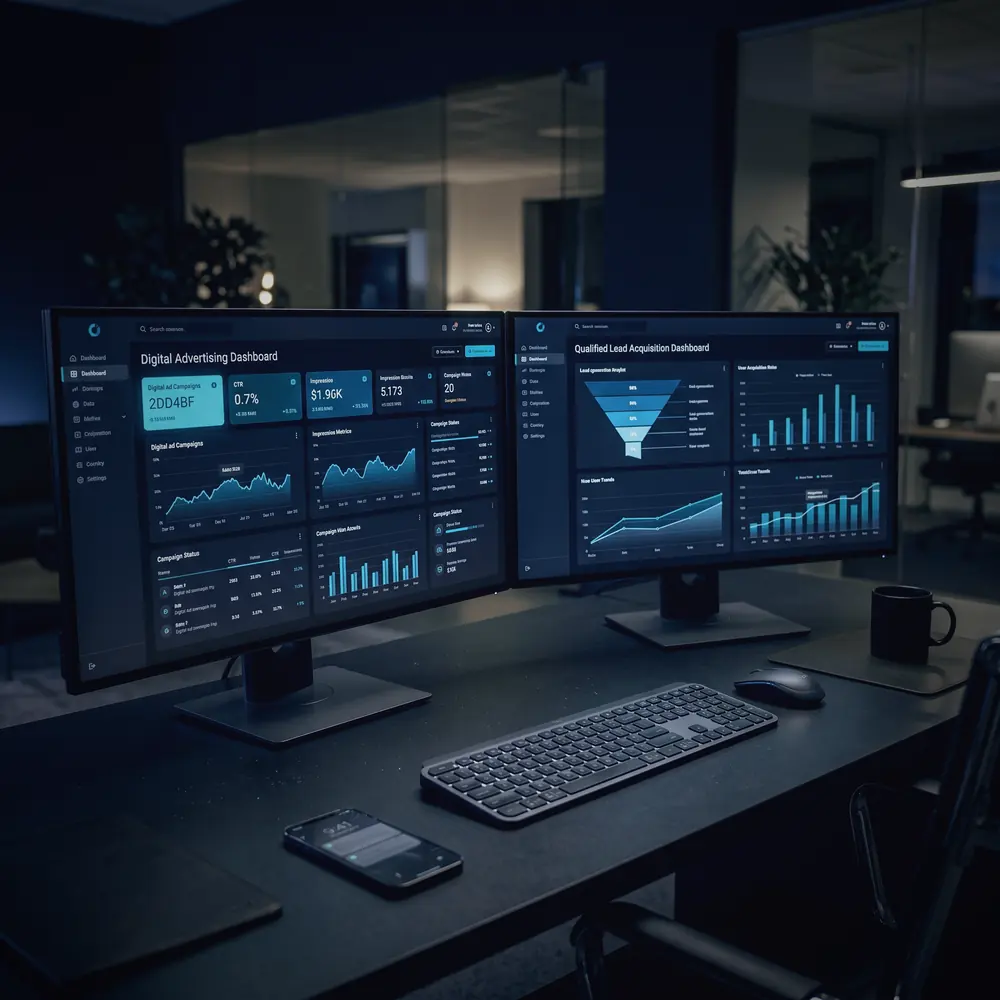 Mesa de escritório com dois monitores mostrando painéis de vendas e um funil