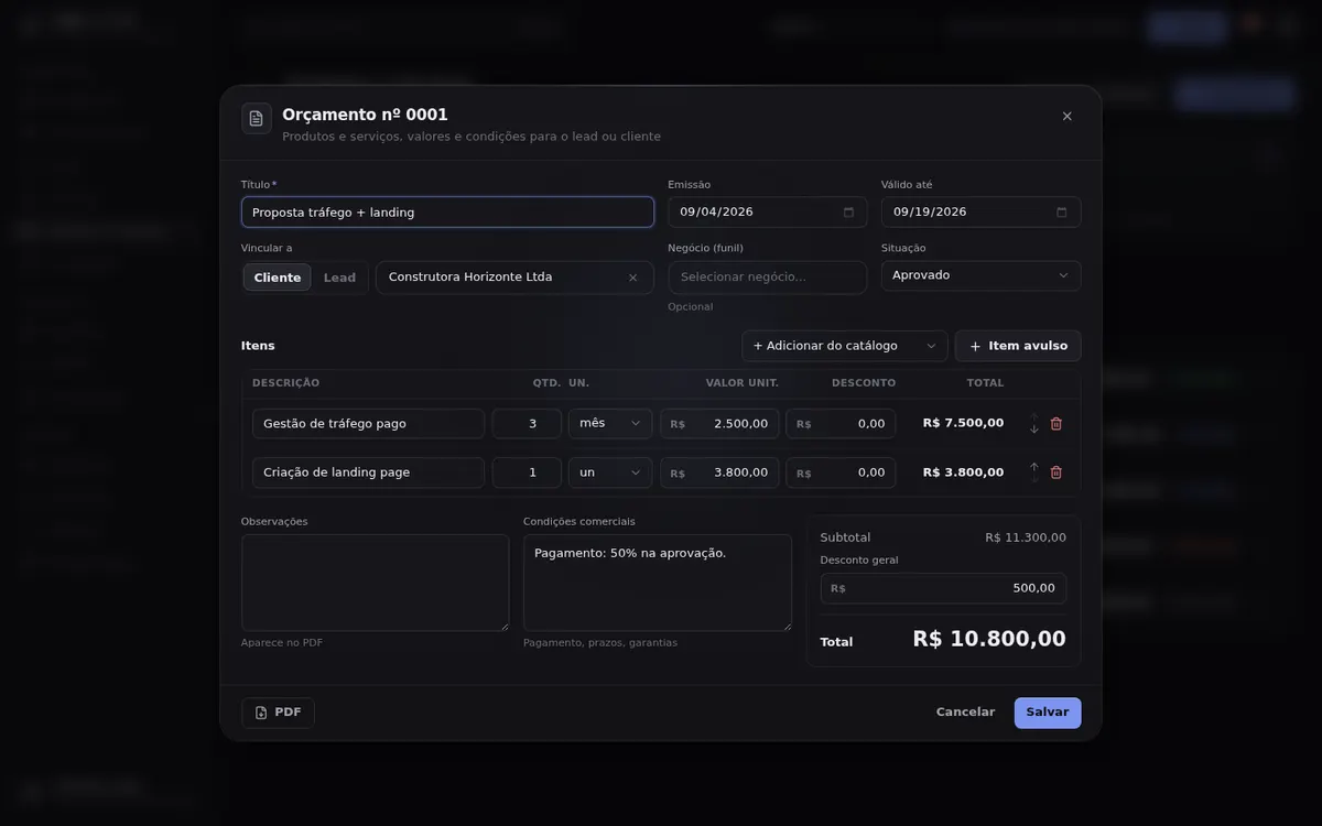 Orçamentos: Itens do catálogo, desconto e condições comerciais. Sai em PDF.